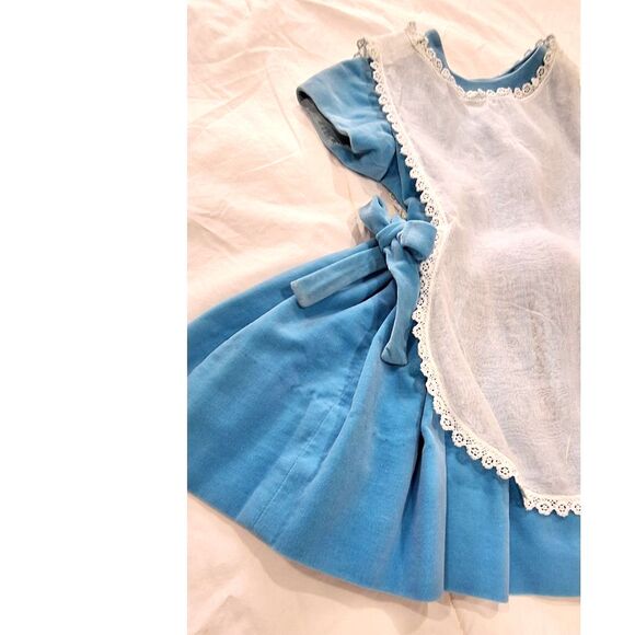 Toddler Dress Homemade Vintage Blue Velvet with White Pinafore - Picture 3 of 12